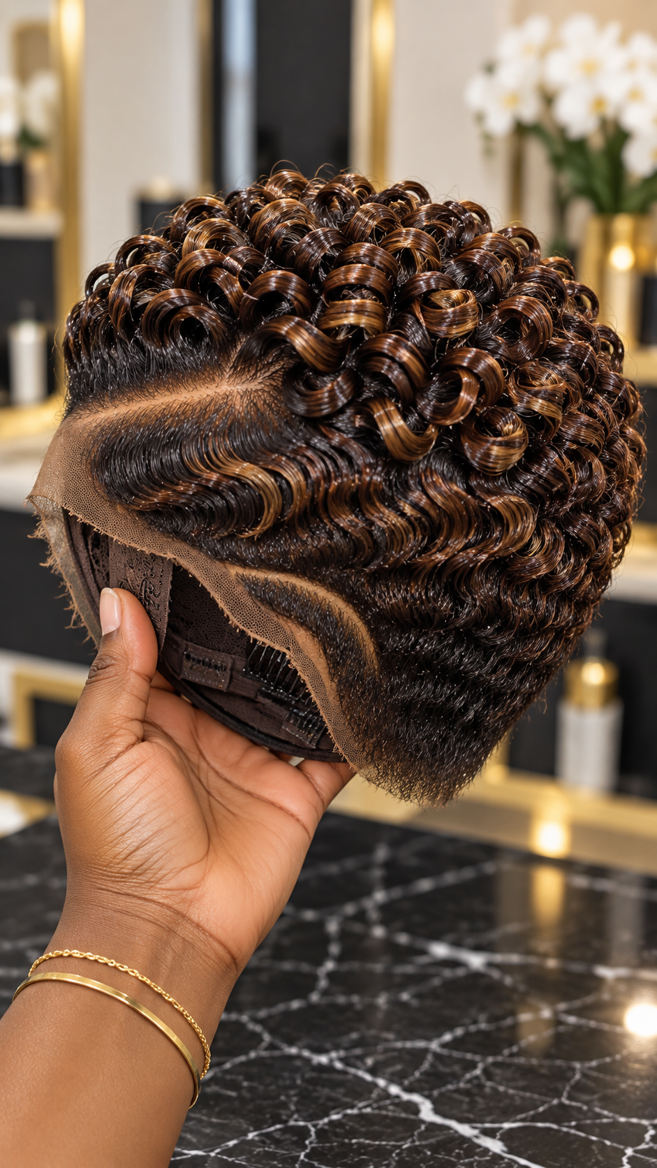 Chocolate Brown Finger-Coil Wig With Caramel Ribbons and Sculpted Wave Panels #best Chocolate Brown Finger-Coil Wig With Caramel Ribbons and Sculpted Wave Panels #best