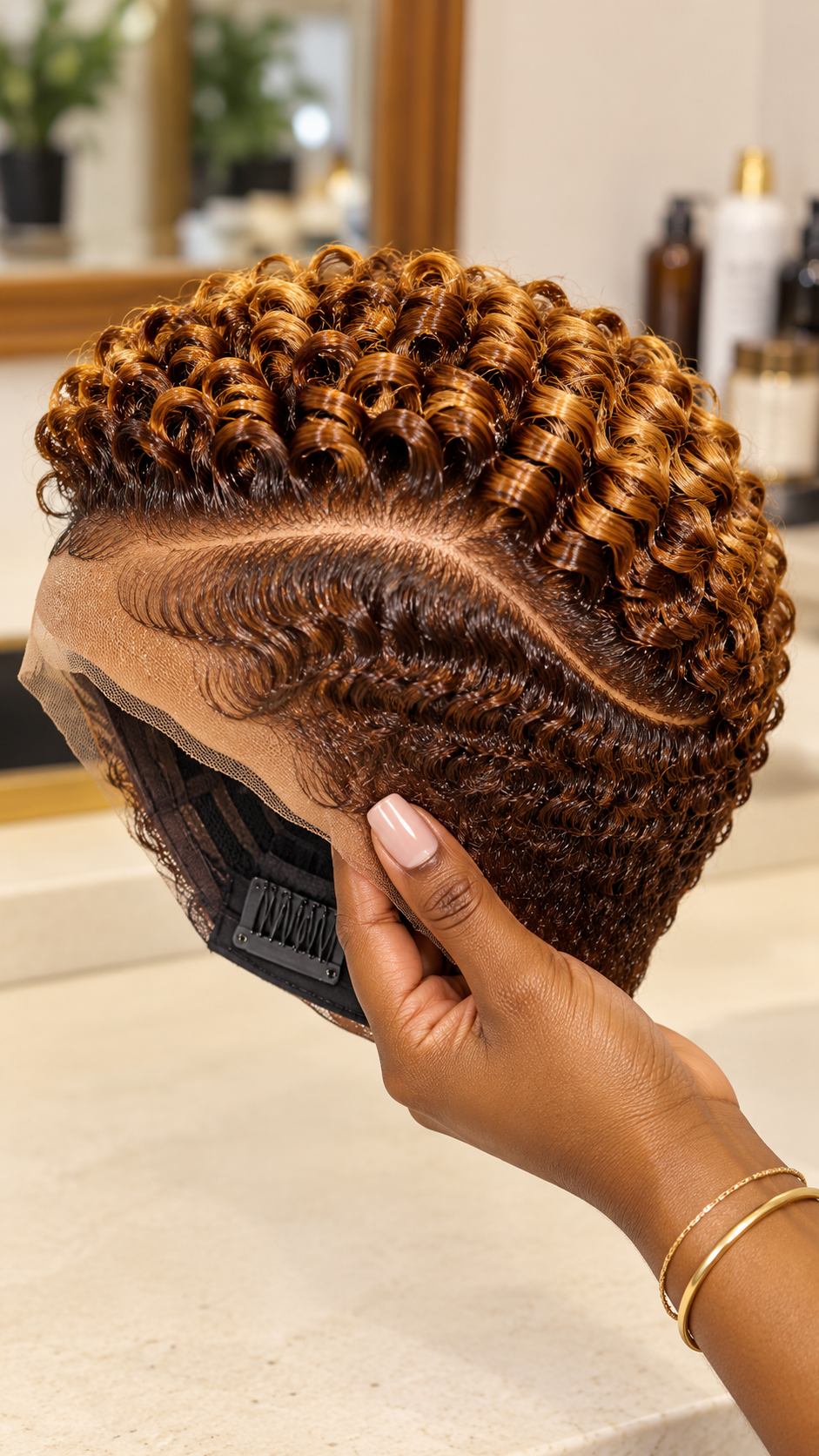Golden Amber Spiral Wig With a Sweeping S-Wave Temple and Honey-Brown Coil Crown #stay