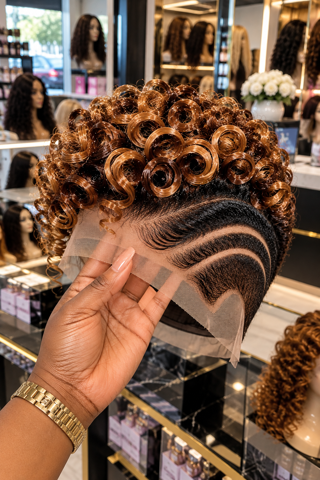 Burnished Copper Ringlet Pixie Wig with Espresso Finger Waves and Double Crescent Temple Parting #brh