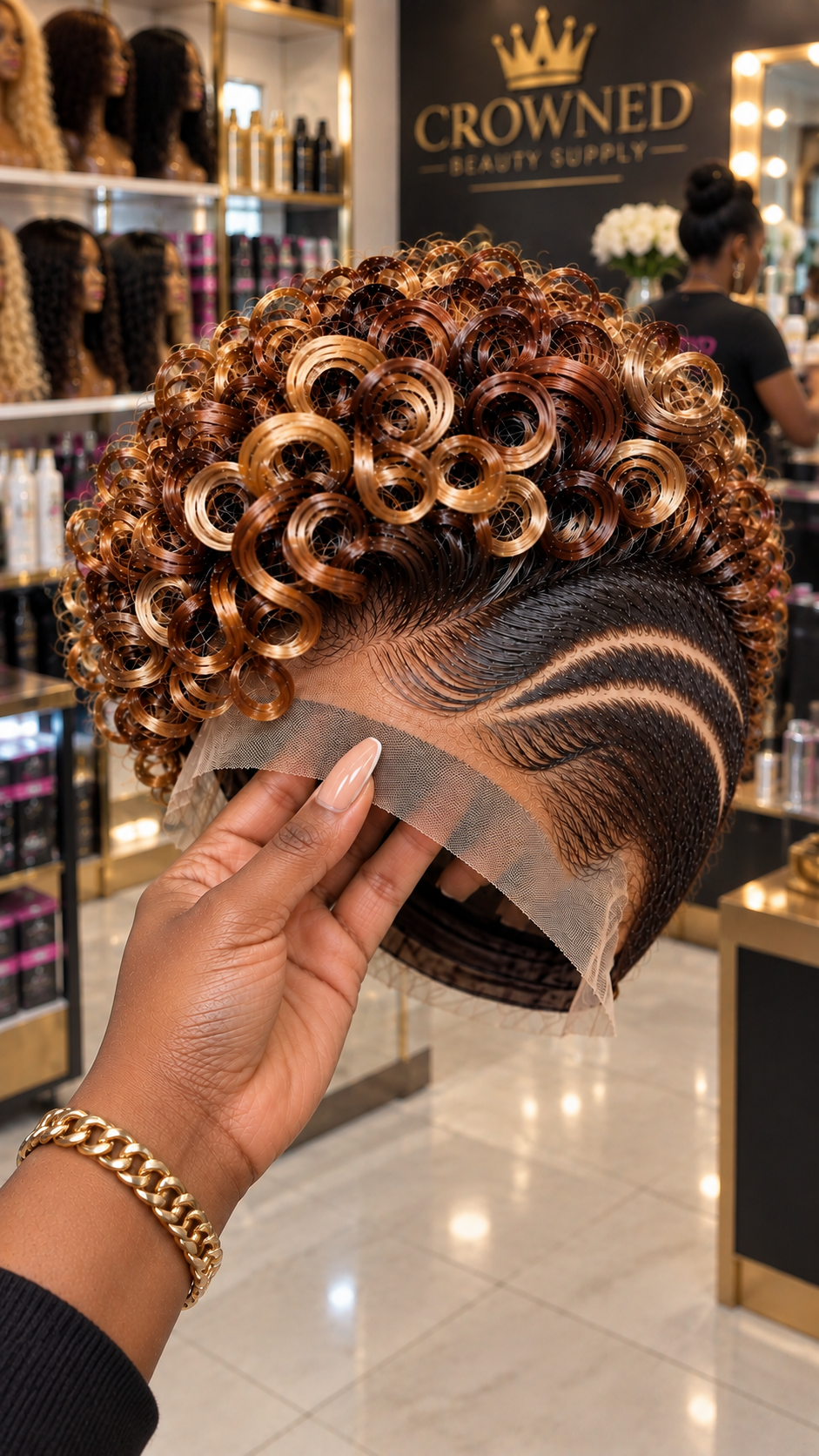 Honey Bronze Spiral Rosette Wig With Double S-Curve Temple Parting #ssh