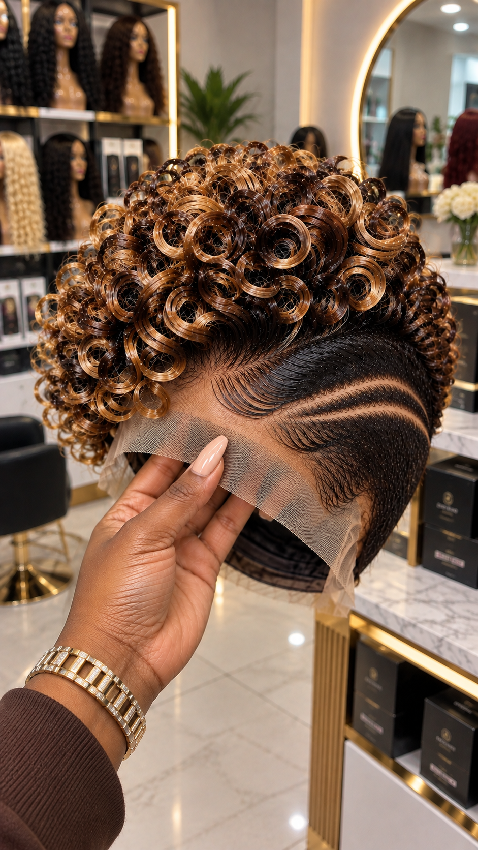 Honey Amber Corkscrew Ring Wig With Espresso Finger Waves and Twin Razor-Cut Temple Lines #stayh