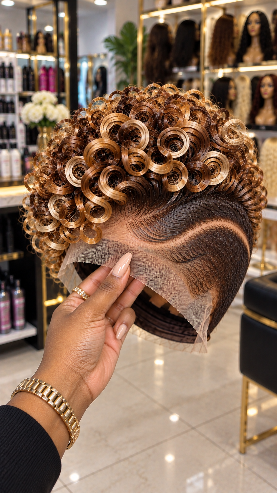 Honey Caramel and Chocolate Brown Ringlet Pixie Wig With a Sculpted S-Curve Temple #bwih