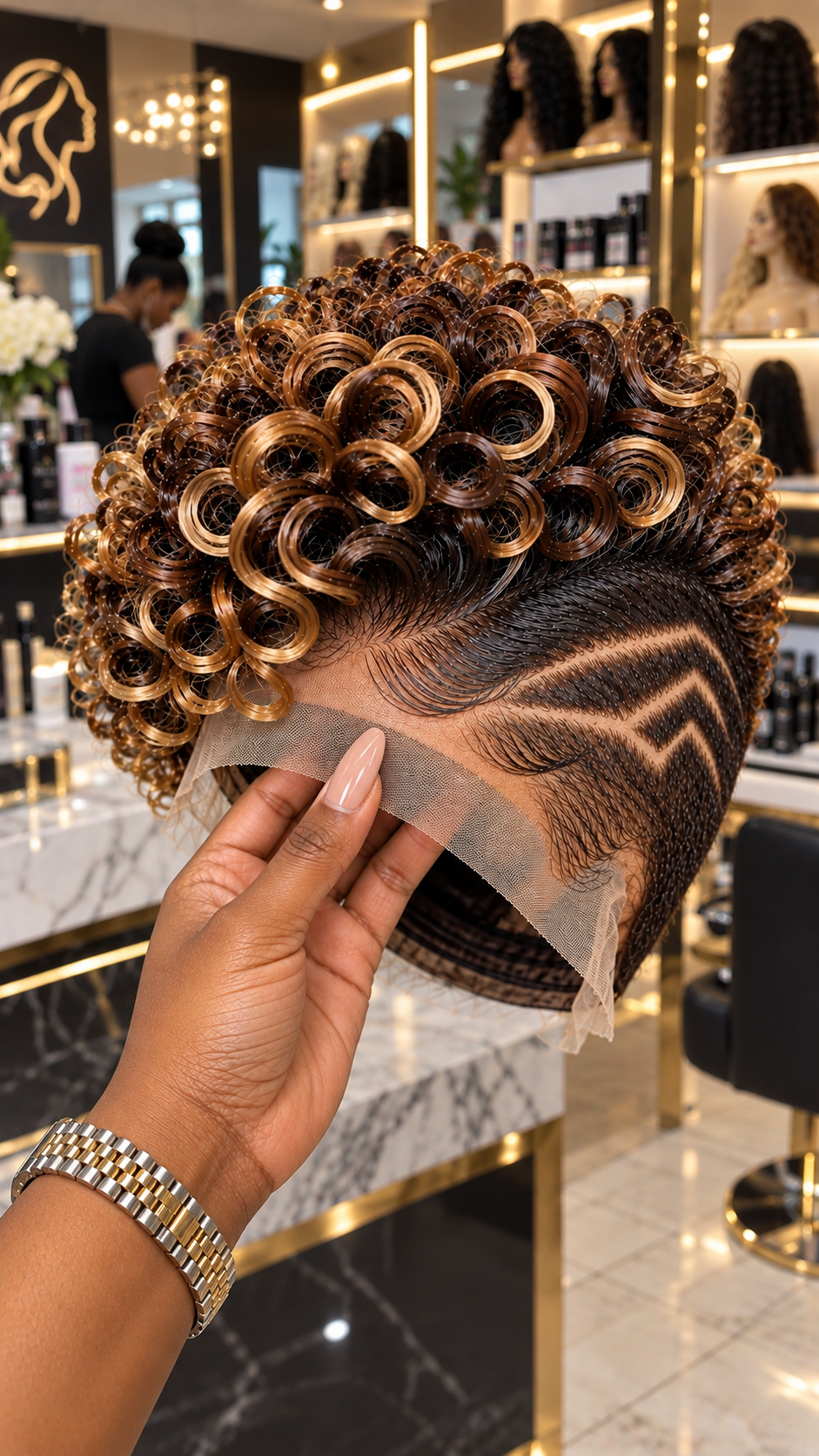 Honey Bronze Ring Curls with Angular Temple Chevron and Sculpted Black Side Waves #fah Honey Bronze Ring Curls with Angular Temple Chevron and Sculpted Black Side Waves #fah