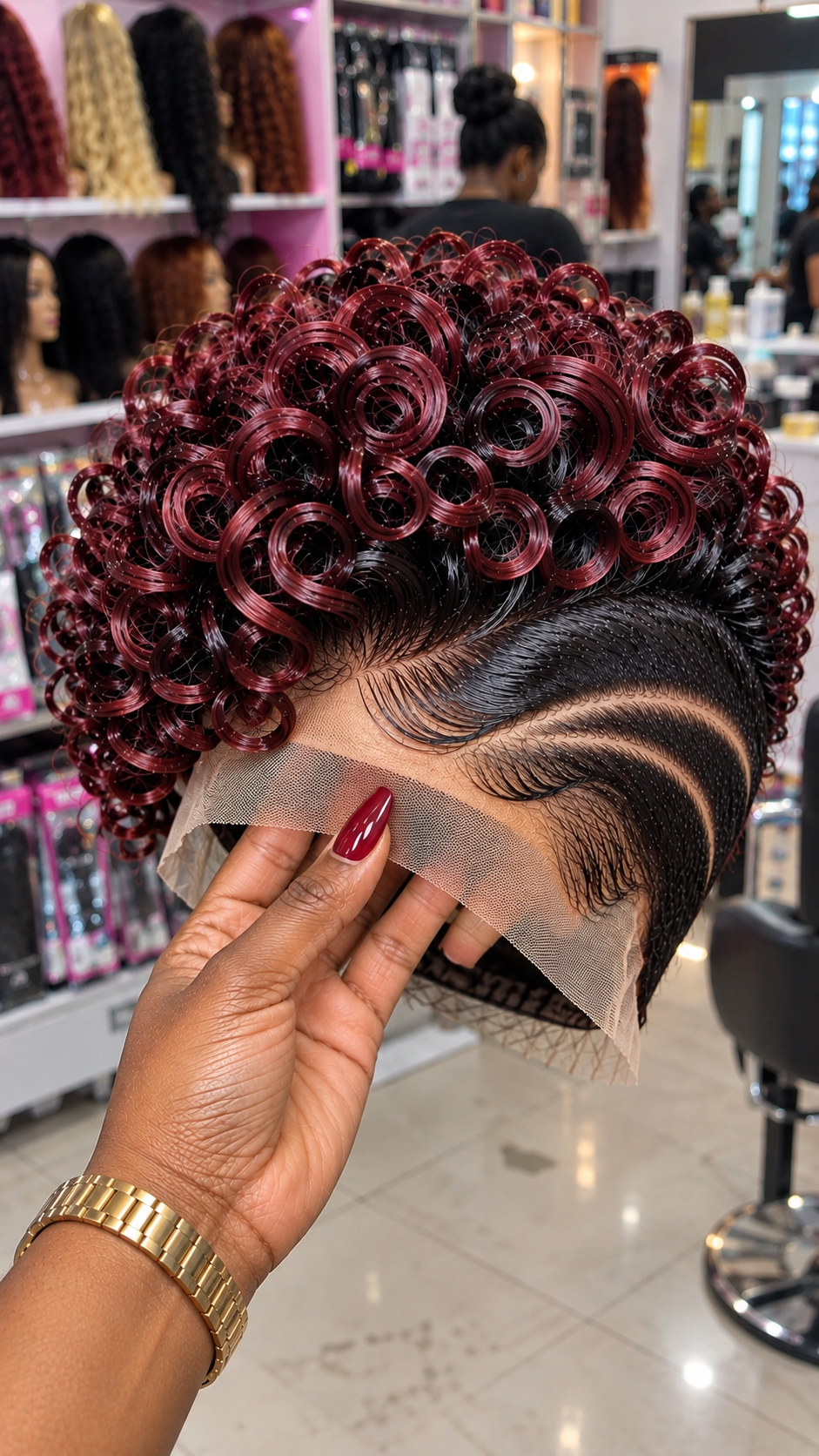 Wine Burgundy Circular Ringlet Wig with Raven Black Finger Waves and Twin Temple Arches #brh Wine Burgundy Circular Ringlet Wig with Raven Black Finger Waves and Twin Temple Arches #brh