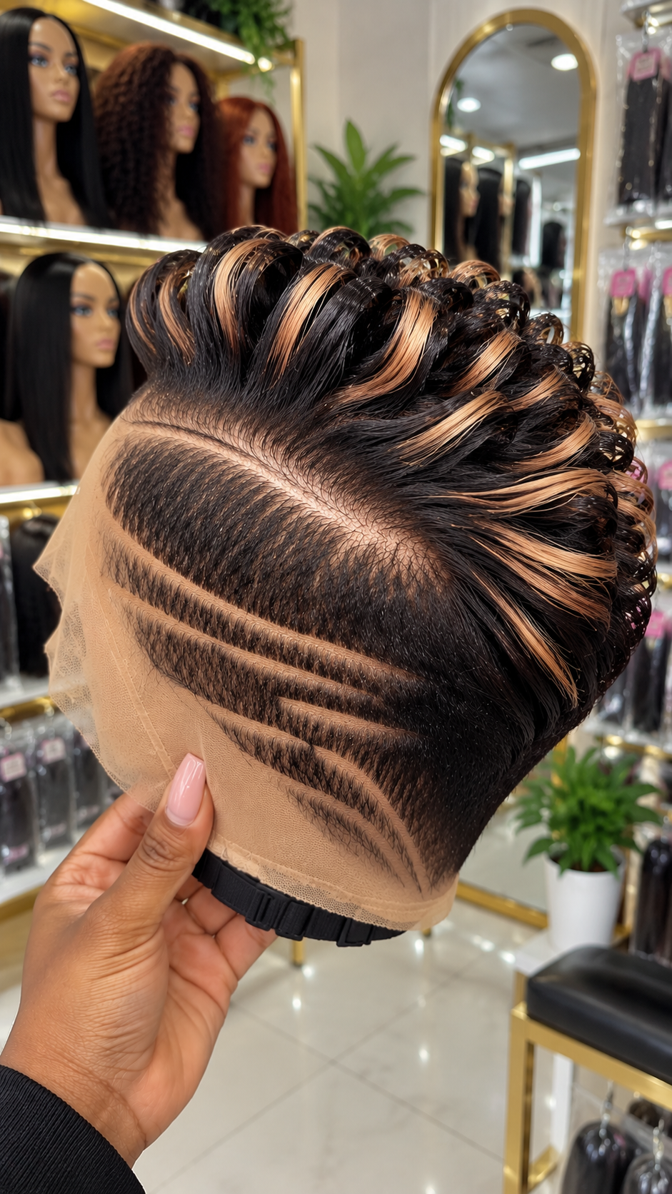 Champagne Blonde Streaks Through Black Ribbon Curls With Triple Sweeping Side Partings #ssh Champagne Blonde Streaks Through Black Ribbon Curls With Triple Sweeping Side Partings #ssh