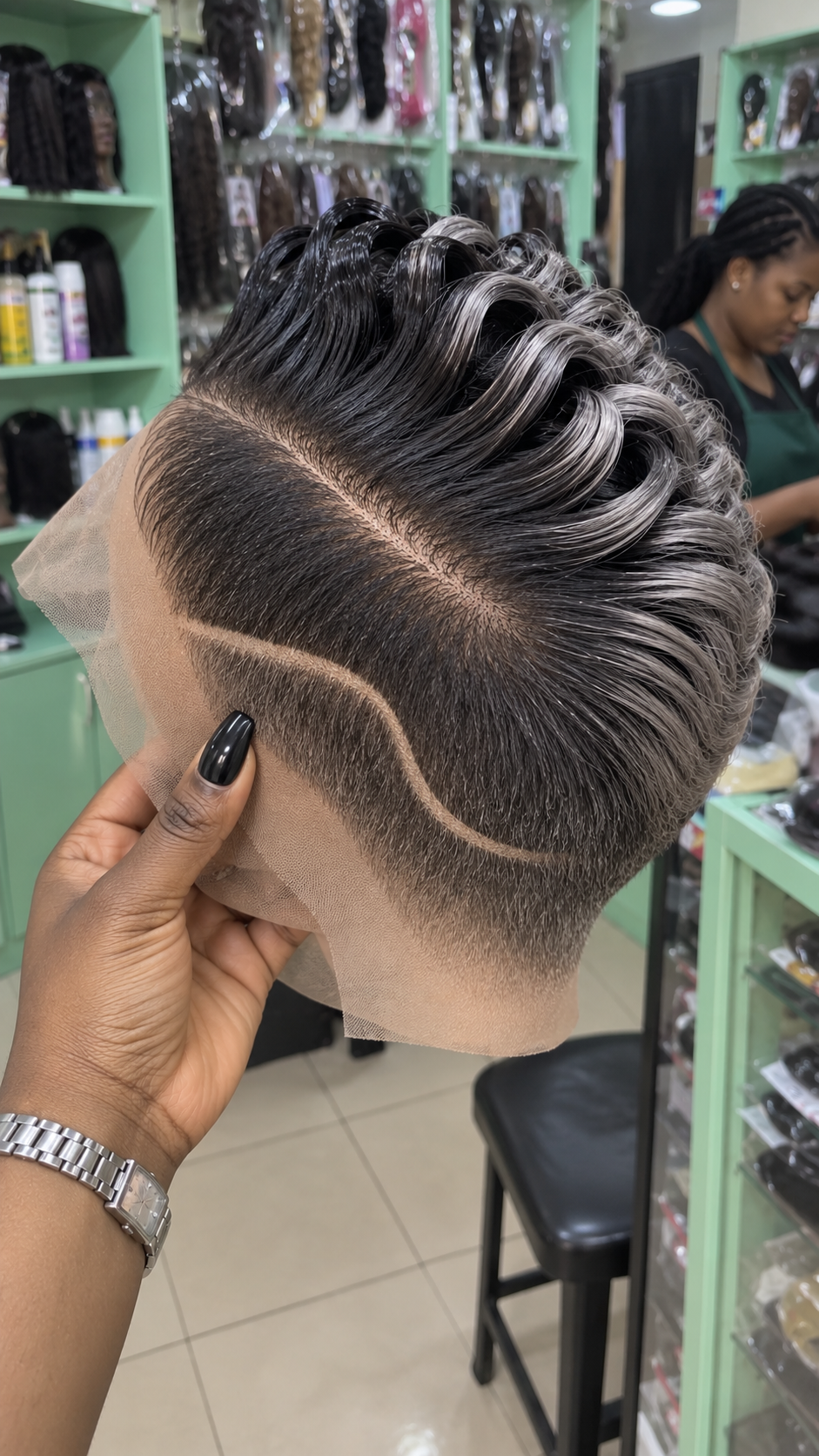 Smoky Silver and Black Swept Pixie Wig With Cascading Side Curve and Raised Ribbon Waves #bwih Smoky Silver and Black Swept Pixie Wig With Cascading Side Curve and Raised Ribbon Waves #bwih