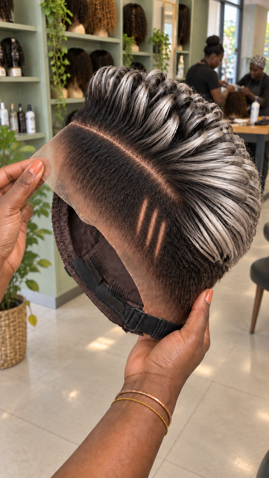 Smoky Silver Ribbon Crest with Three Temple Slits and an Espresso Lace Wig Base #fah Smoky Silver Ribbon Crest with Three Temple Slits and an Espresso Lace Wig Base #fah