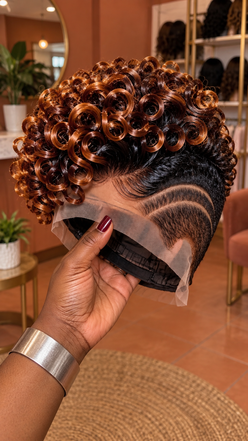 Burnt Copper Ringlet Wig With Twin Crescent Temple Arcs and a Deep Black Base #hwb Burnt Copper Ringlet Wig With Twin Crescent Temple Arcs and a Deep Black Base #hwb