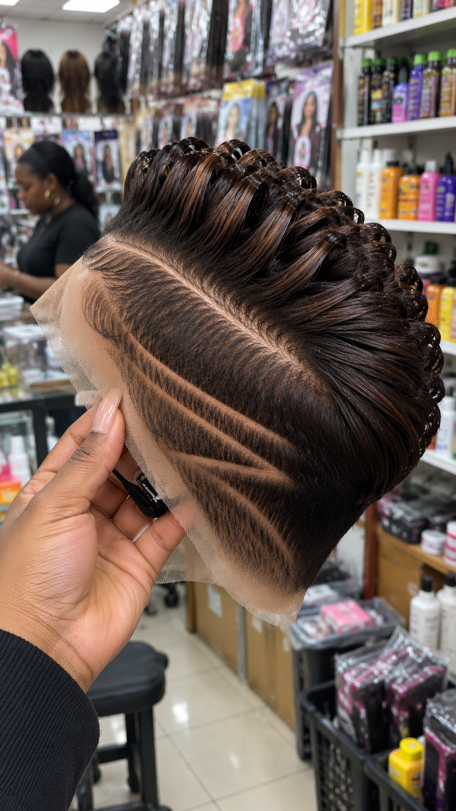 Mocha Brown Ribbon Curl Pixie Wig With Three Tapered Side Channels and a Swept Lace Hairline #ssh Mocha Brown Ribbon Curl Pixie Wig With Three Tapered Side Channels and a Swept Lace Hairline #ssh