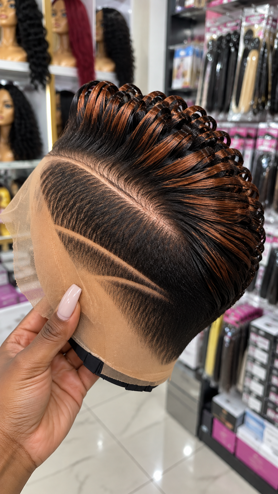 Burnished Copper Streaks on a Black Pompadour Pixie Wig With Twin Diagonal Side Channels #bwih Burnished Copper Streaks on a Black Pompadour Pixie Wig With Twin Diagonal Side Channels #bwih