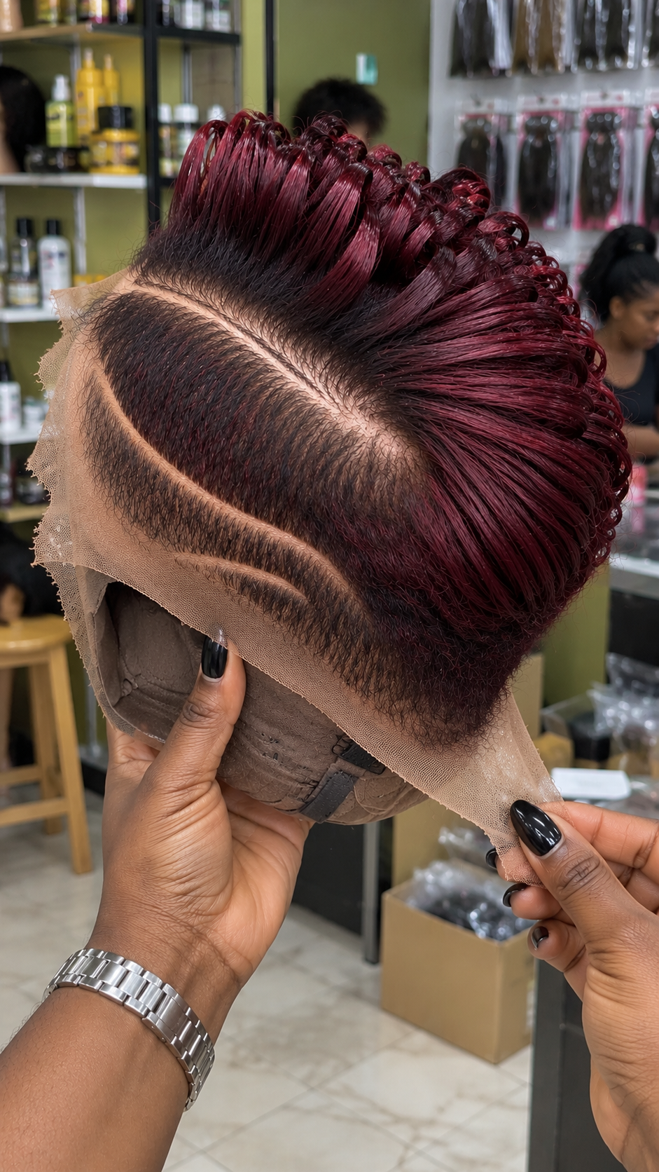 Merlot Burgundy Swept Ribbon Pixie Wig With a Single Diagonal Side Channel #apdh