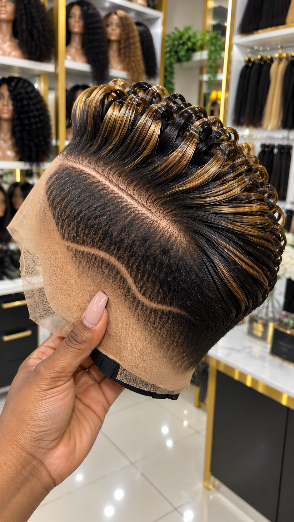 Golden Blonde Ribbon-Loop Pixie Wig With Jet Black Roots and a Single Curved Side Accent #afth Golden Blonde Ribbon-Loop Pixie Wig With Jet Black Roots and a Single Curved Side Accent #afth