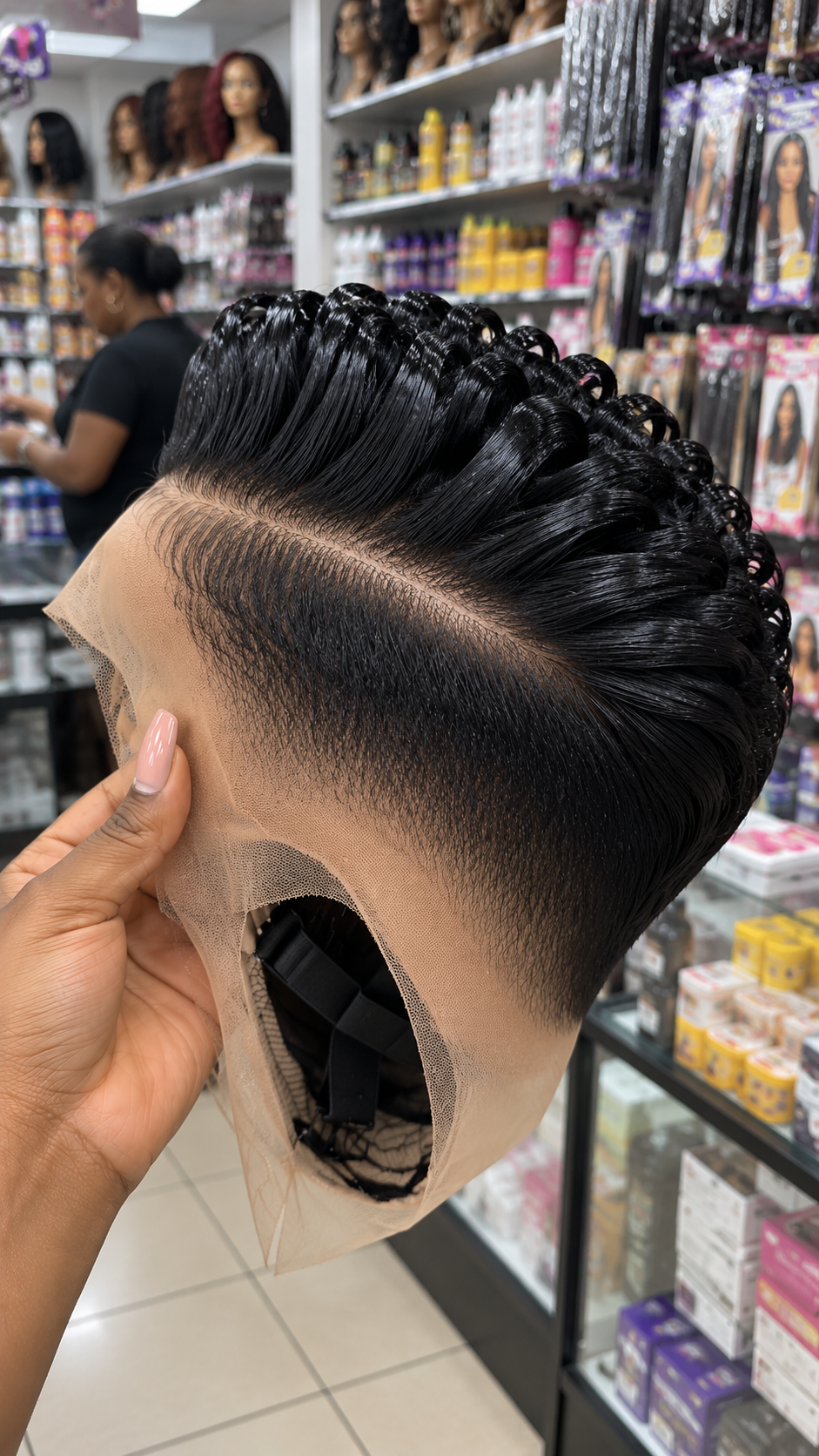 Jet Black Swept-Back Ribbon Curl Wig with a Single Slanted Part and Tapered Lace Temple #brh