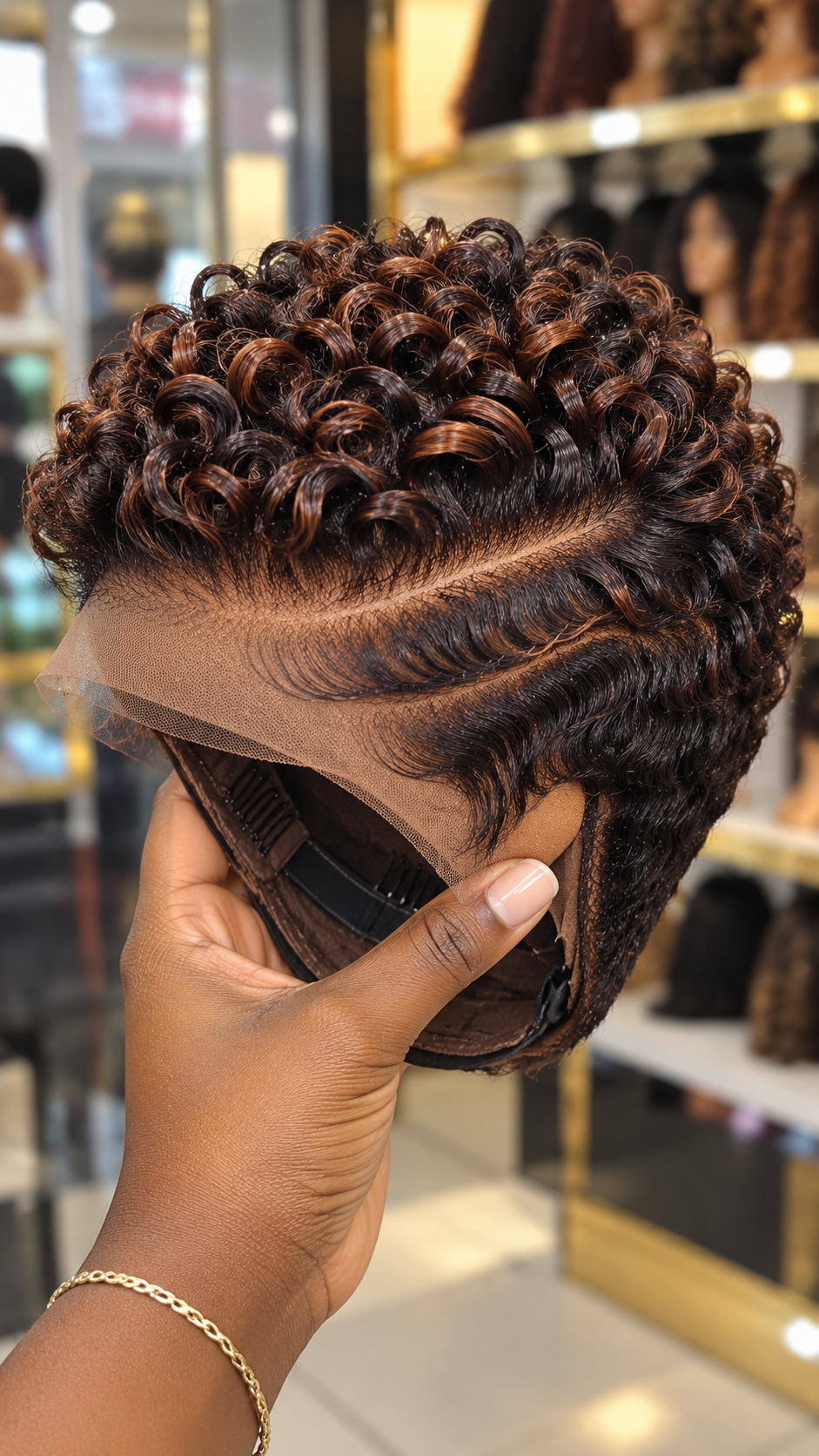 Chocolate Auburn Spiral Pixie Wig With Diagonal Lace Parting and Cascading Temple Waves #hwbh