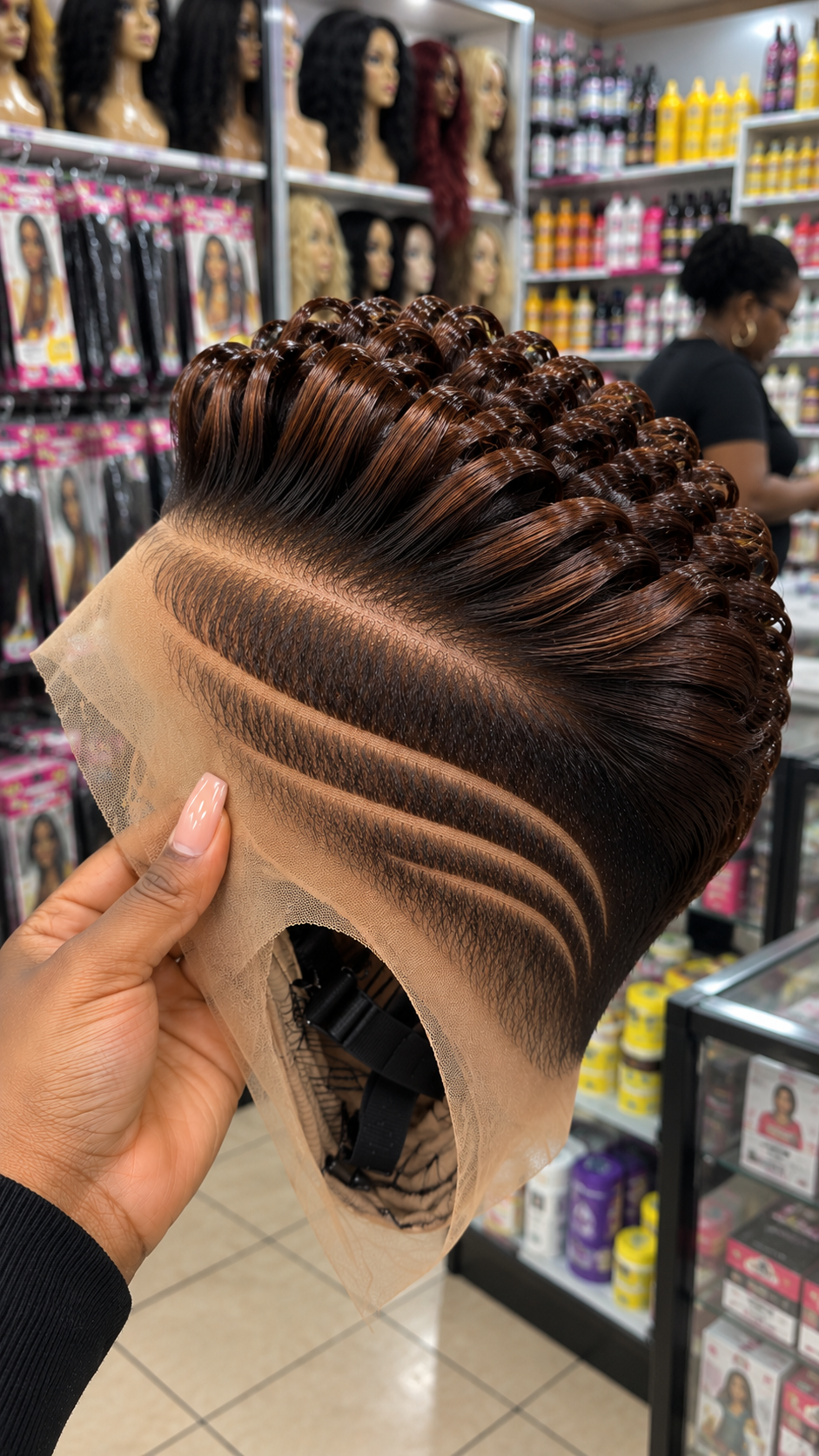 Chestnut Espresso Ribbon Curl Wig With Twin Crescent Side Partings and Visible Adjustable Cap #ssh