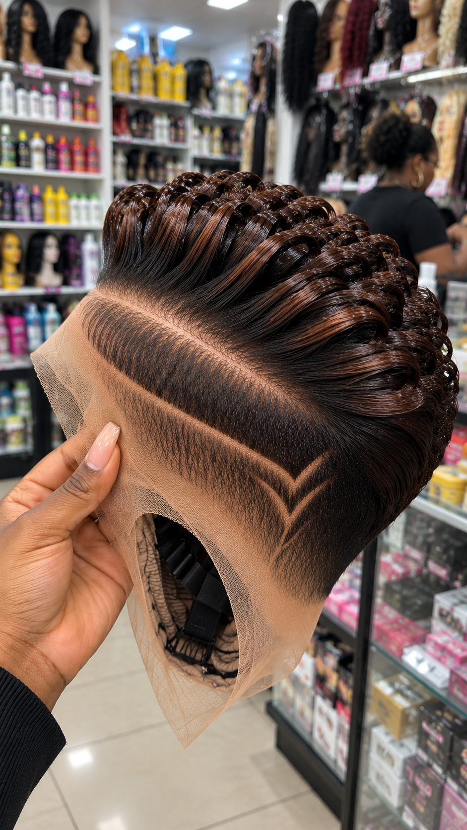 Espresso Ribbon-Loop Pixie Wig with a Sharp V-Shaped Temple Detail and Chestnut Accents #fah
