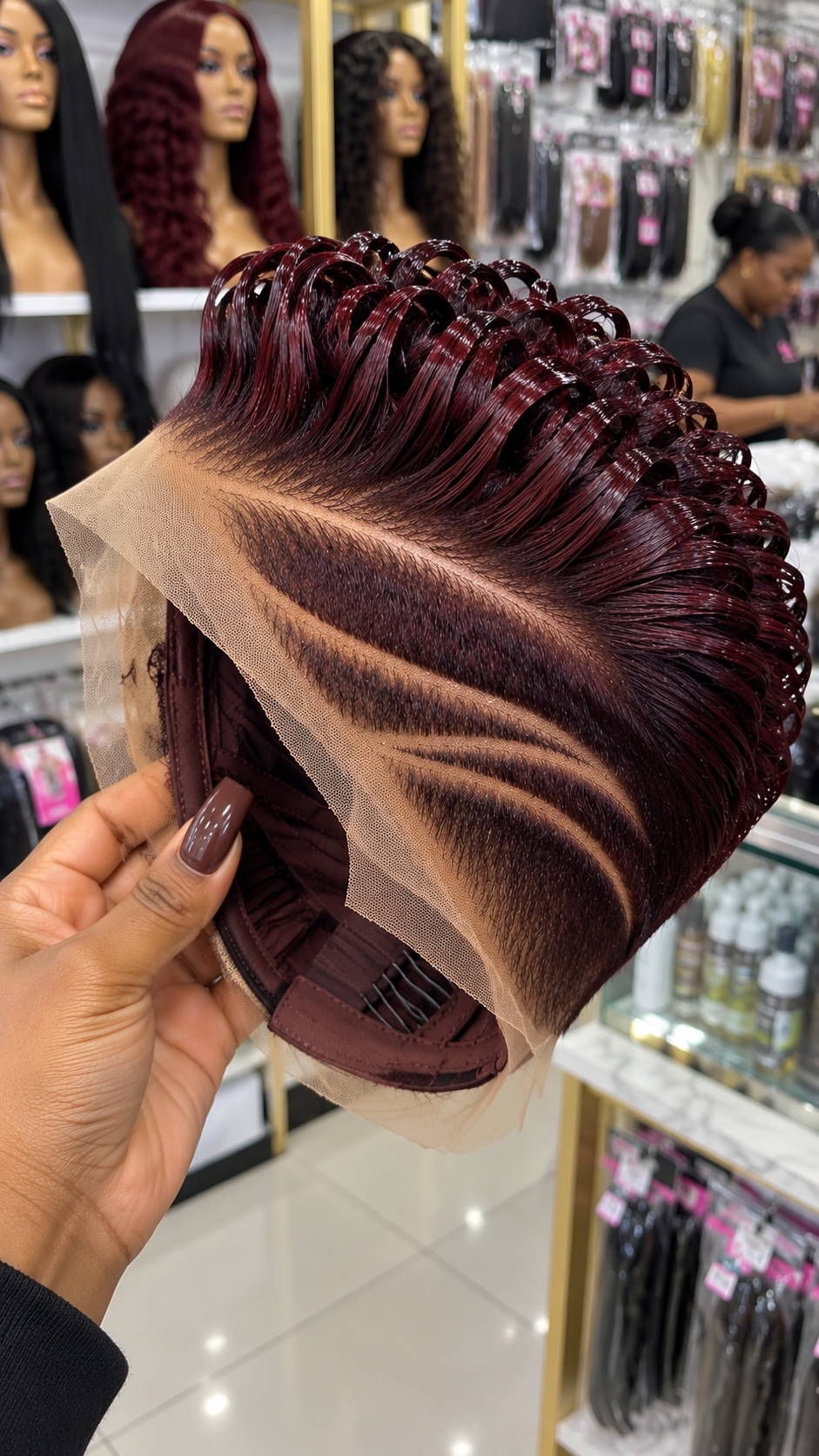 Black Cherry Burgundy Ribbon Curl Wig With Layered Crescent Partings and Wine-Toned Cap #apdh Black Cherry Burgundy Ribbon Curl Wig With Layered Crescent Partings and Wine-Toned Cap #apdh