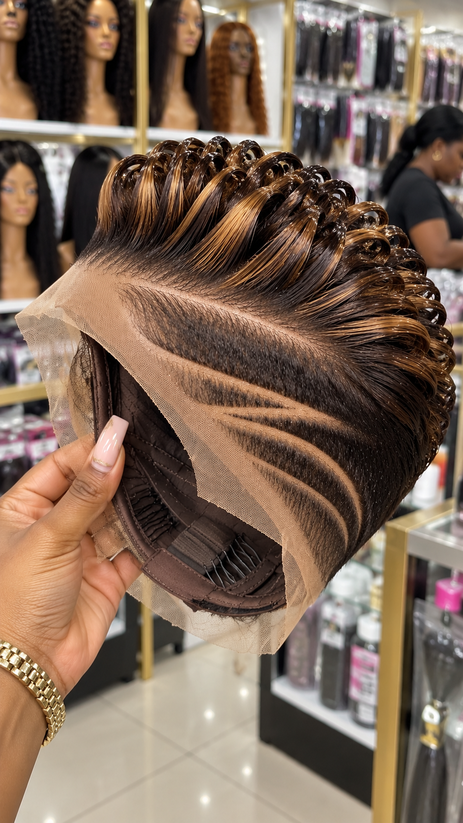 Champagne Honey Ribbon Curl Pixie Wig With Espresso Roots and Three Tapered Side Carvings #afth