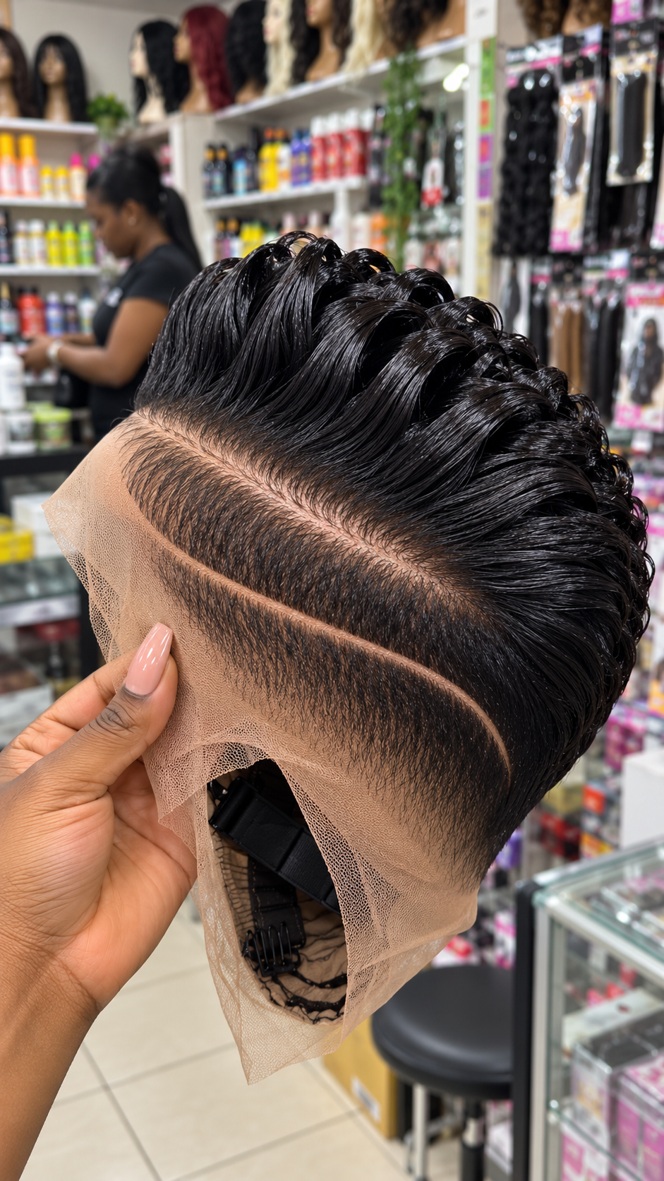 Raven Black Swept Ribbon Pixie Wig with Twin Diagonal Side Parts and Exposed Lace Cap #brh Raven Black Swept Ribbon Pixie Wig with Twin Diagonal Side Parts and Exposed Lace Cap #brh