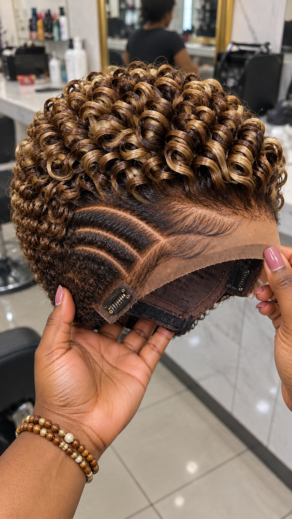 Golden Honey and Chocolate Spiral Coil Wig With Triple Curved Side Partings and Visible Cap Combs #ssh Golden Honey and Chocolate Spiral Coil Wig With Triple Curved Side Partings and Visible Cap Combs #ssh