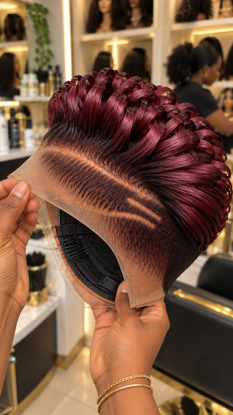 Raspberry Wine Ribbon Pixie Wig With a Forked Temple Parting and Black Lace Cap #apdh