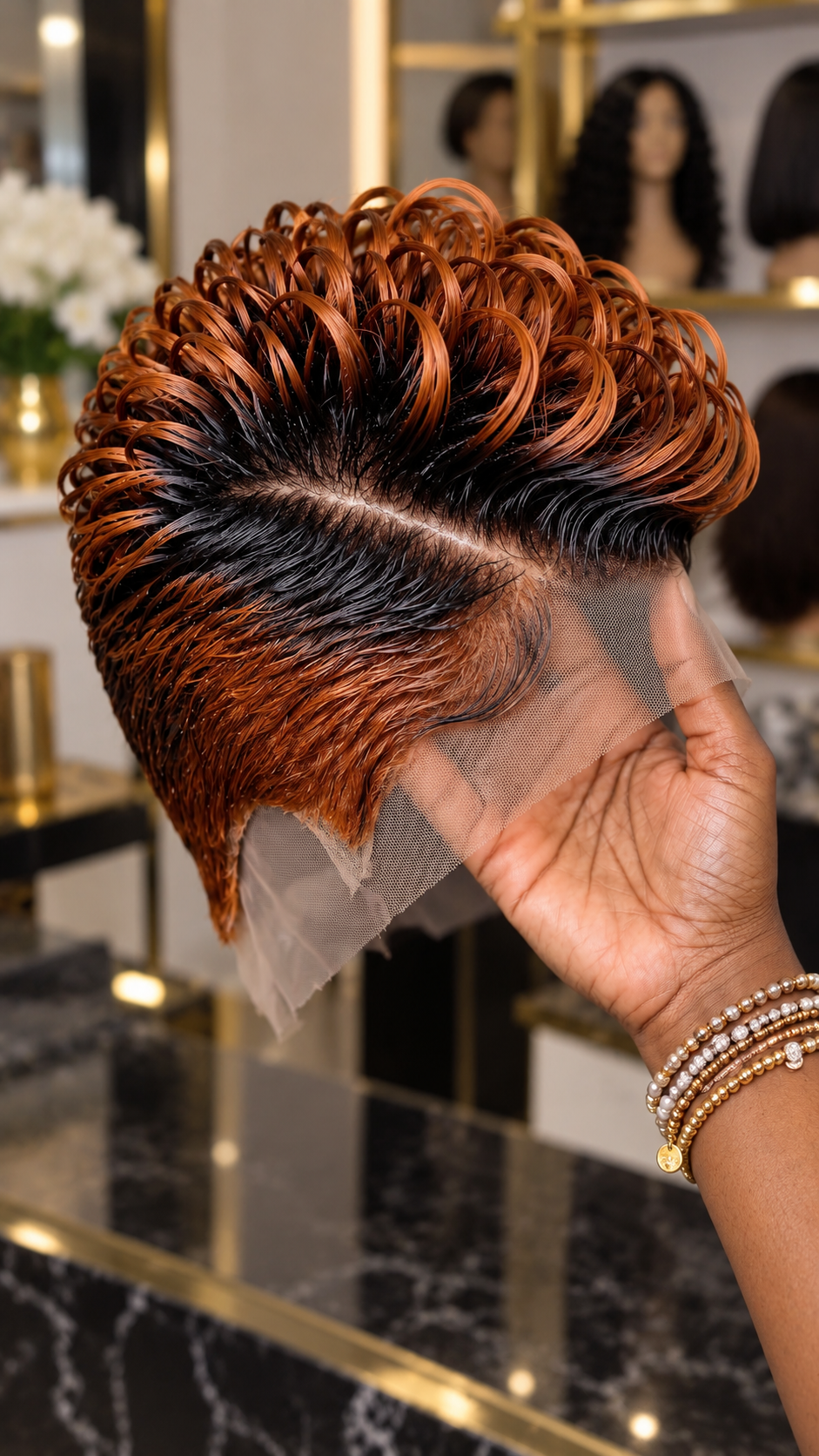 Fiery Copper Loop Crown With Jet Black Roots and Swept Auburn Temple Waves #hwbh Fiery Copper Loop Crown With Jet Black Roots and Swept Auburn Temple Waves #hwbh