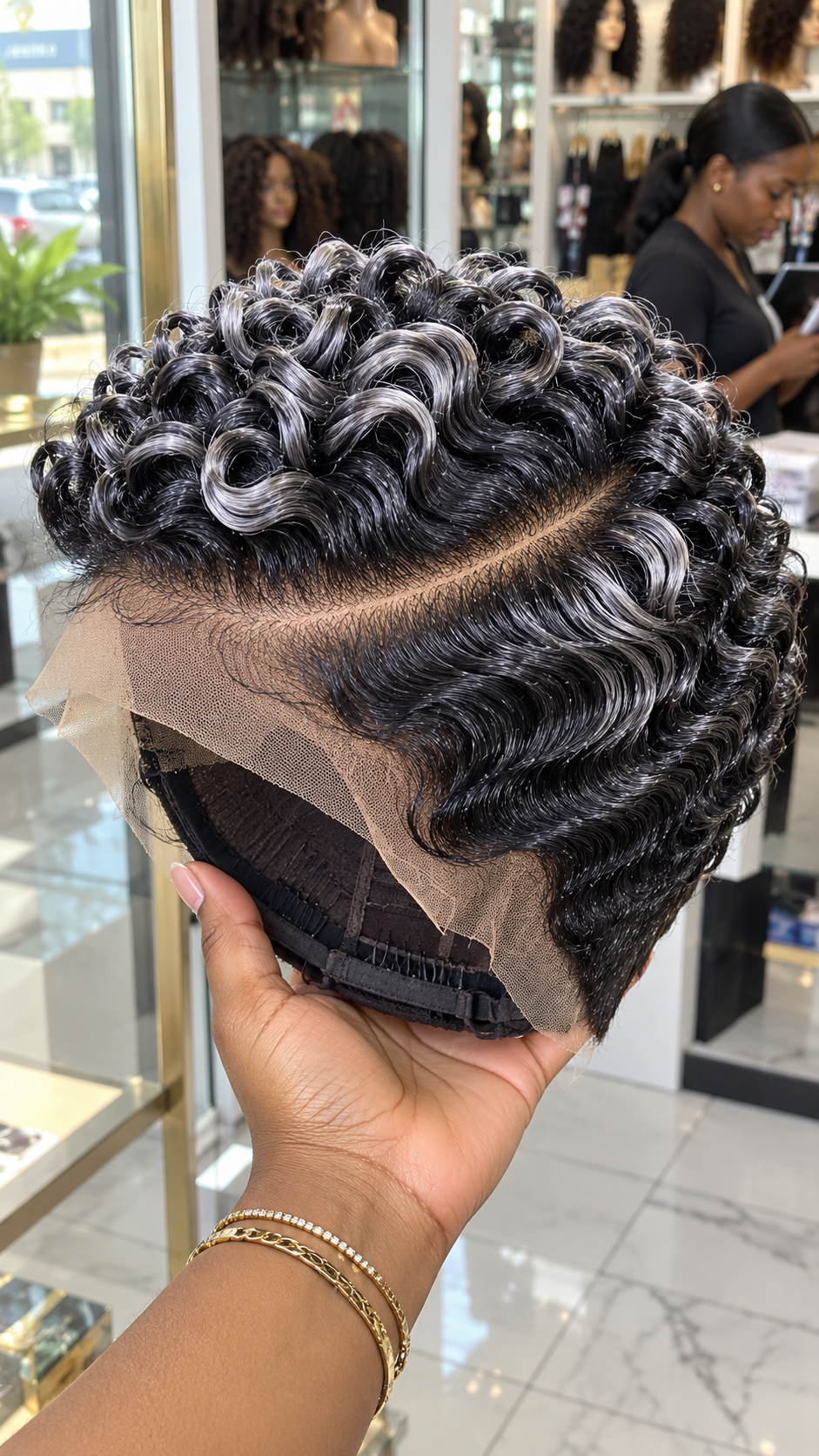 Black and Pearl Silver Finger Curl Wig With Diagonal Crown Parting and Sculpted Side Waves #bwih Black and Pearl Silver Finger Curl Wig With Diagonal Crown Parting and Sculpted Side Waves #bwih