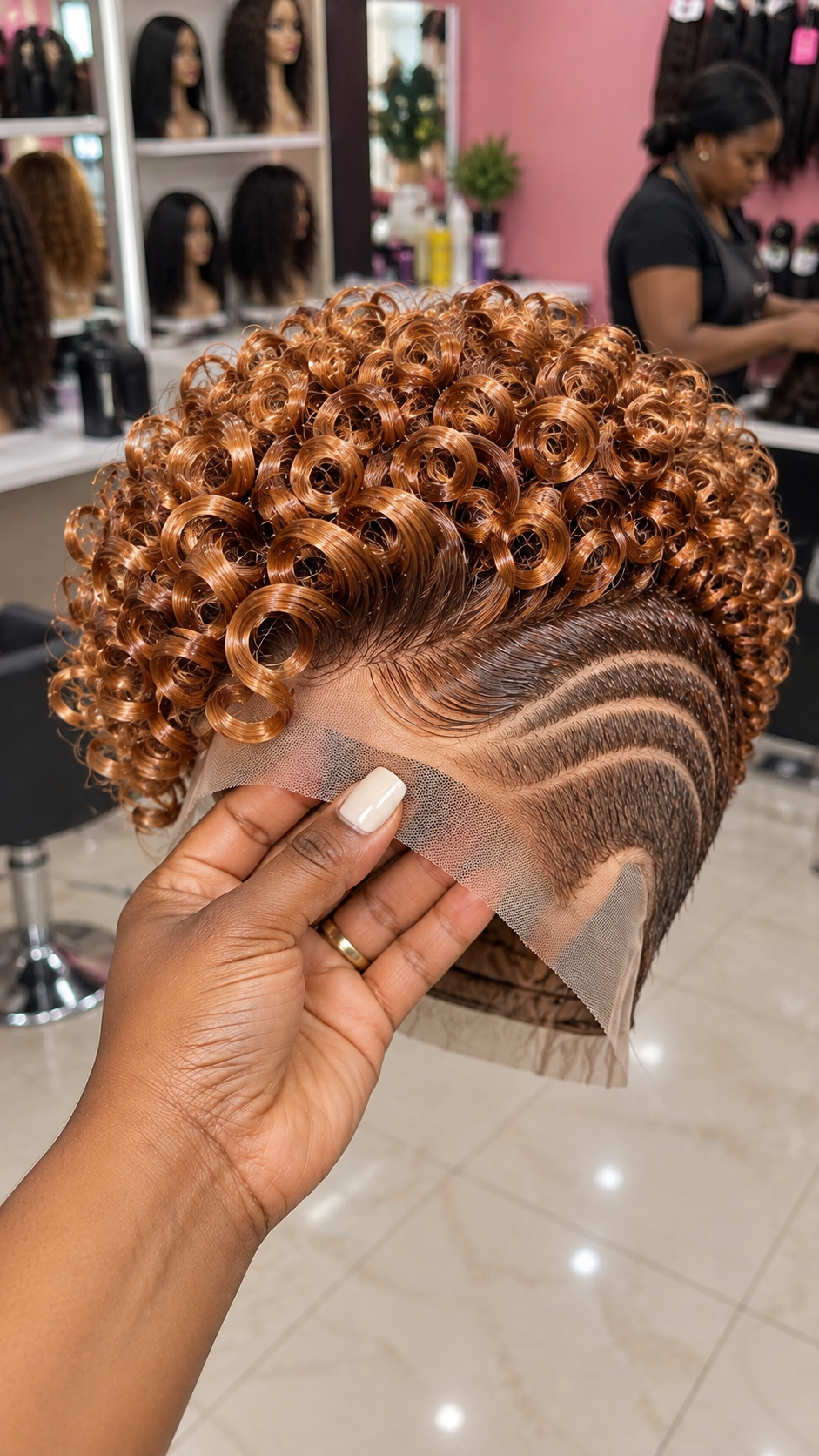 Golden Amber Ringlet Pixie Wig with Triple Curved Temple Partings and Dark Finger Waves #fah