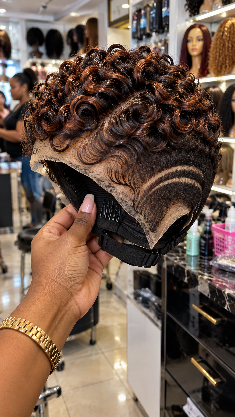 Toffee Brown Spiral Pixie Wig With a Diagonal Crown Part and Twin Crescent Temple Lines #apdh