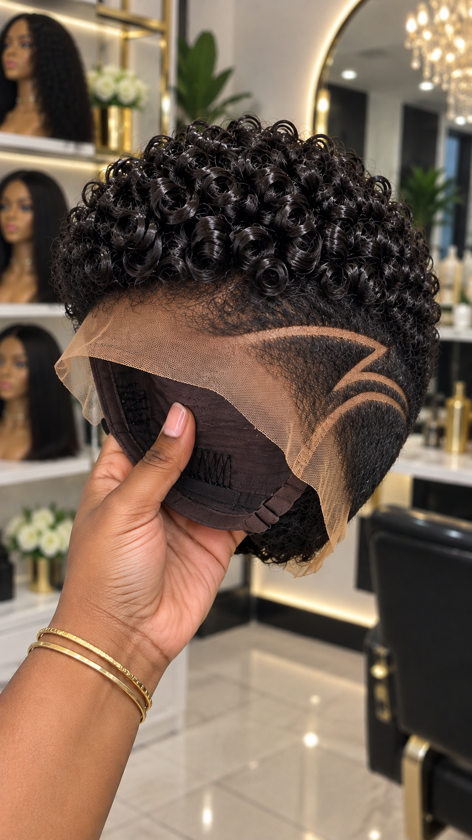 Jet Black Spiral Coil Pixie Wig With Angular Lightning Side Design and Lace Front #afth
