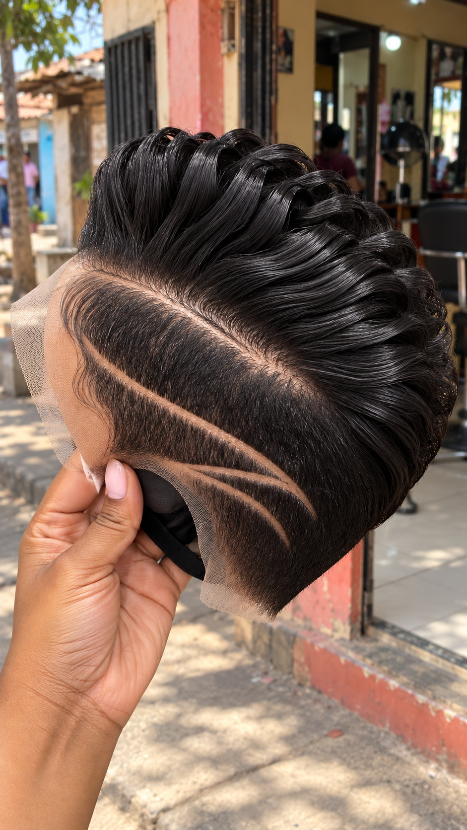 Jet Black Sculpted Pompadour Wig With Intersecting Side Partings and Layered Ribbon Waves #bwih Jet Black Sculpted Pompadour Wig With Intersecting Side Partings and Layered Ribbon Waves #bwih