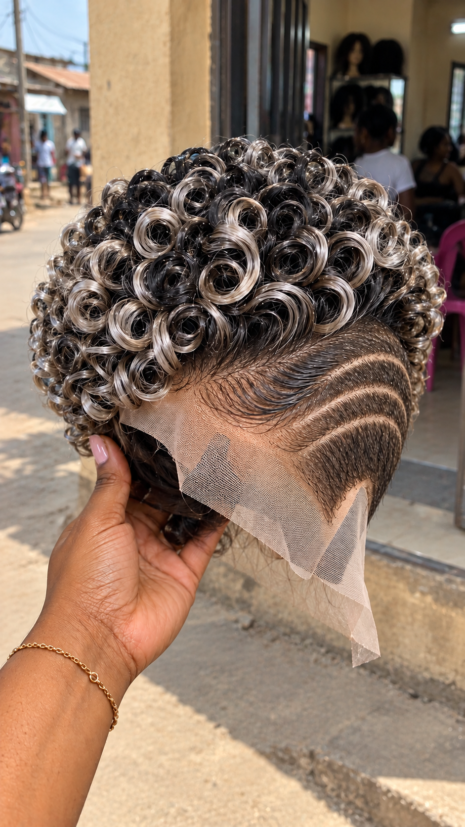 Pearl Ash Blonde Ring Curls with Dark Espresso Roots and Three Graduated Temple Waves #fah Pearl Ash Blonde Ring Curls with Dark Espresso Roots and Three Graduated Temple Waves #fah