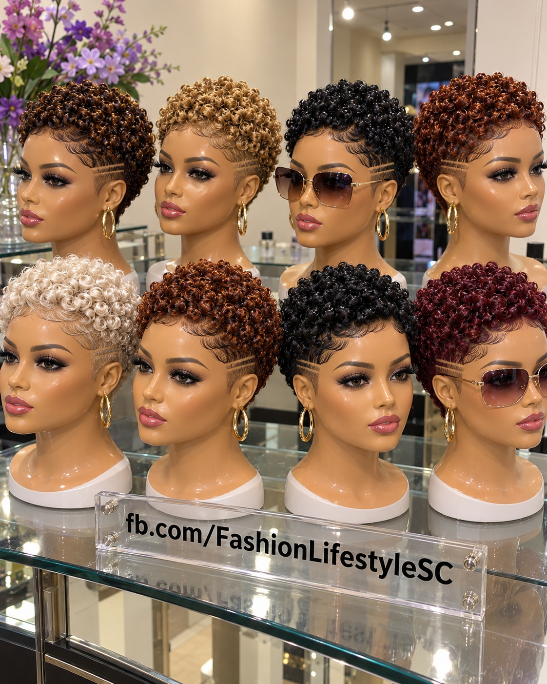 Eight Multicolor Finger Coil Pixie Wigs with Triple Temple Stripes and Tapered Sides #fl