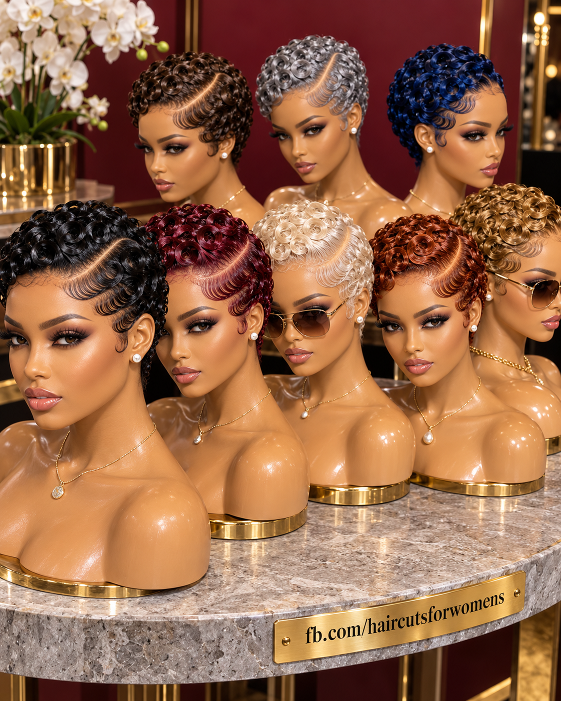 Eight Luxury Pin Curl Pixie Wigs in Sapphire Blue, Silver, Burgundy and Golden Copper #bwi