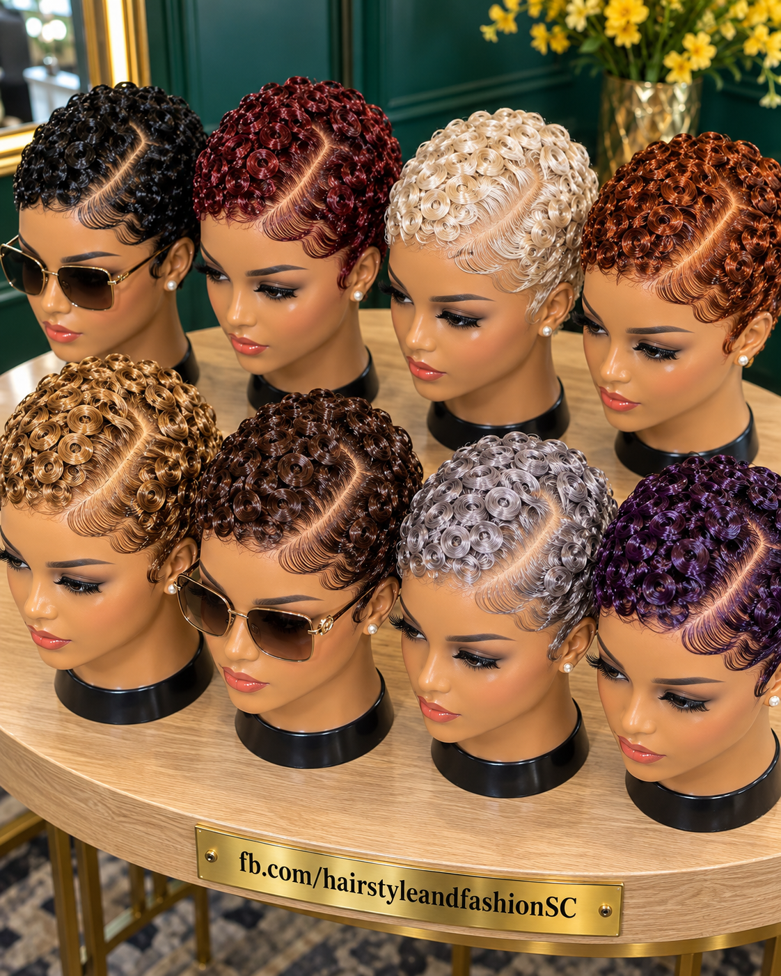Eight Jewel-Toned Pin Curl Pixie Wigs with Diagonal Partings and Sculpted Forehead Waves #fa
