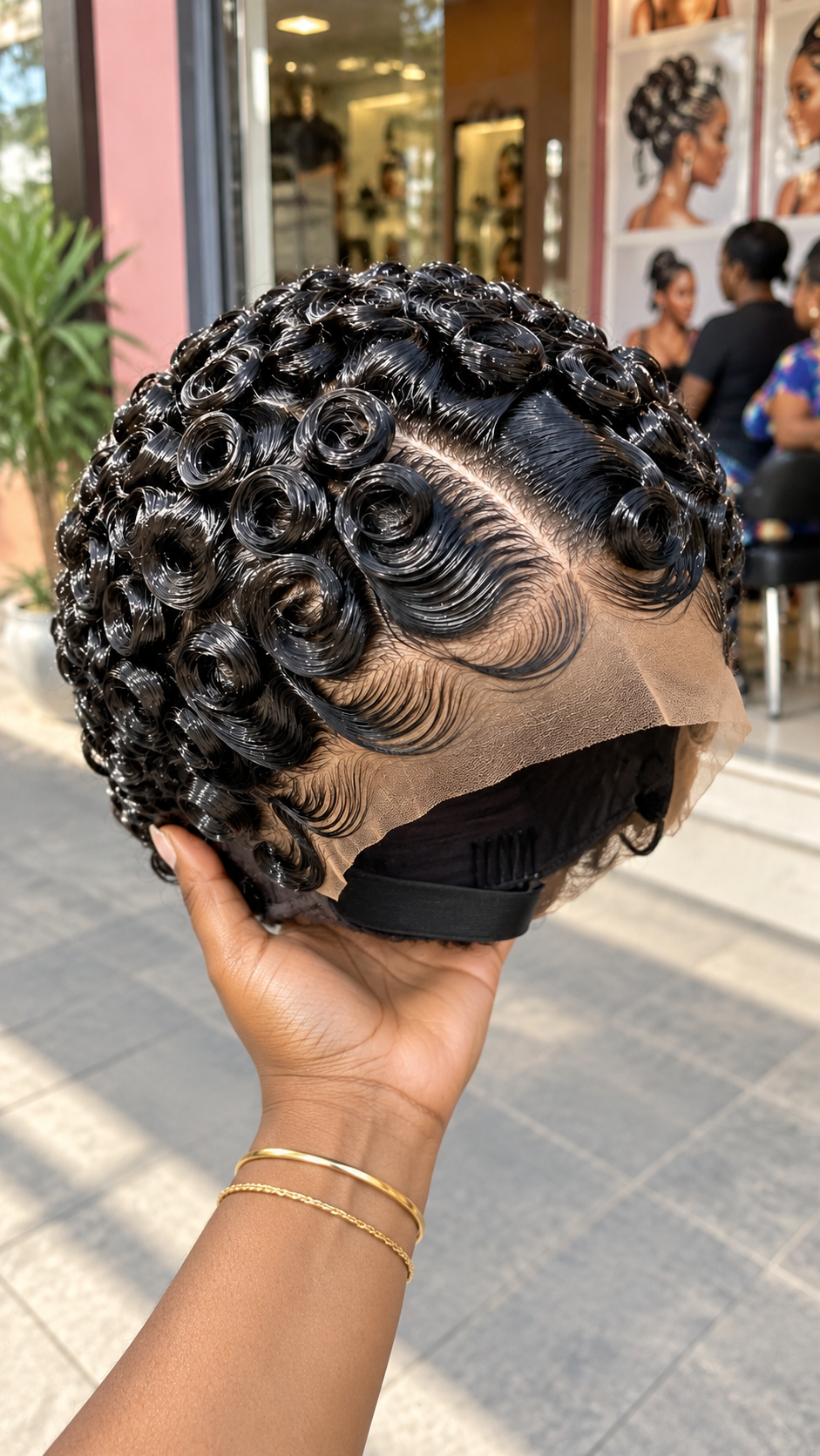 Onyx Black Rosette Curl Wig With Sweeping Temple Waves and a Diagonal Side Part #hwbh