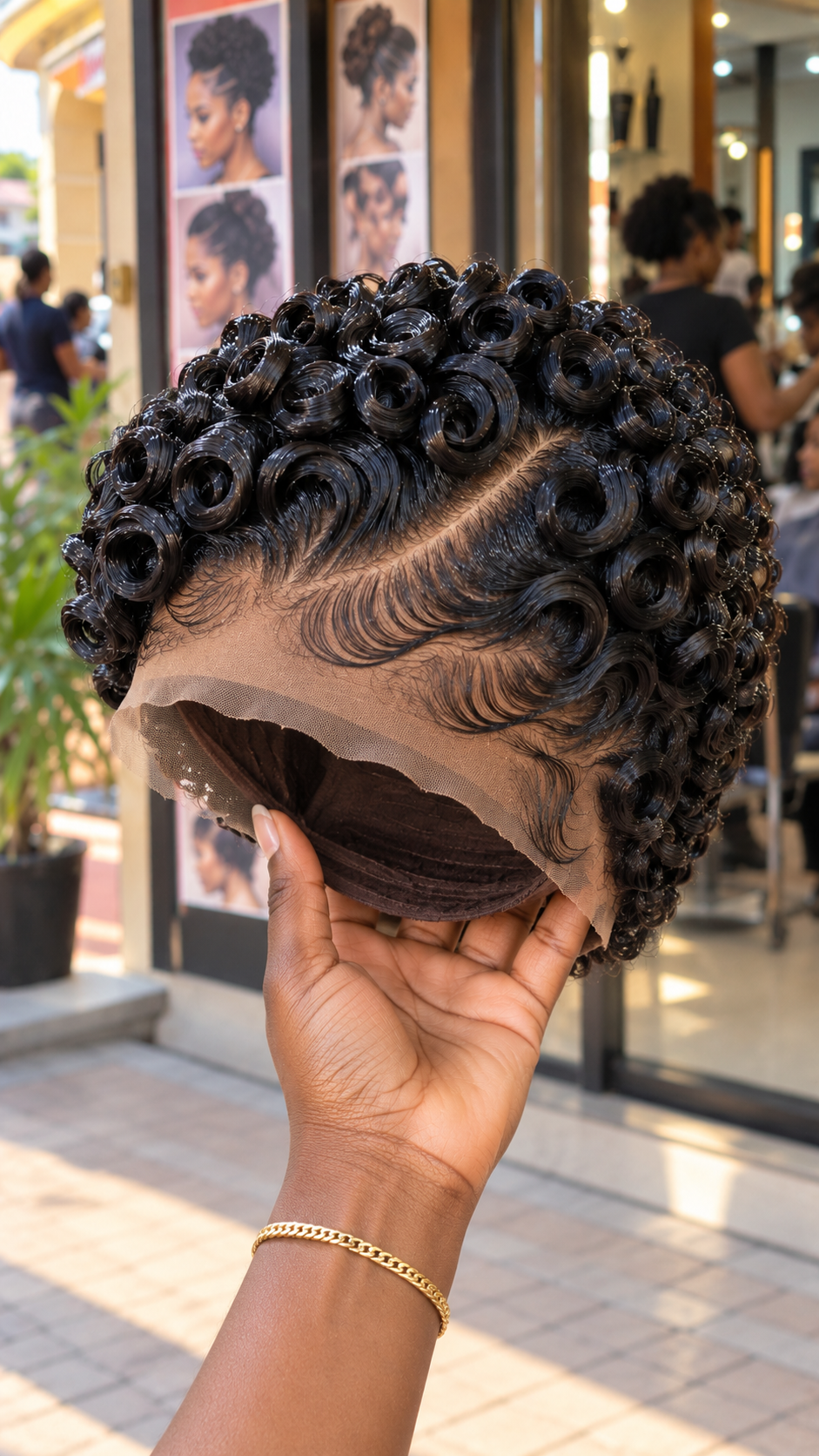 Obsidian Black Circular Curl Wig With a Slanted Crown Part and Layered Temple Swoops #apdh Obsidian Black Circular Curl Wig With a Slanted Crown Part and Layered Temple Swoops #apdh