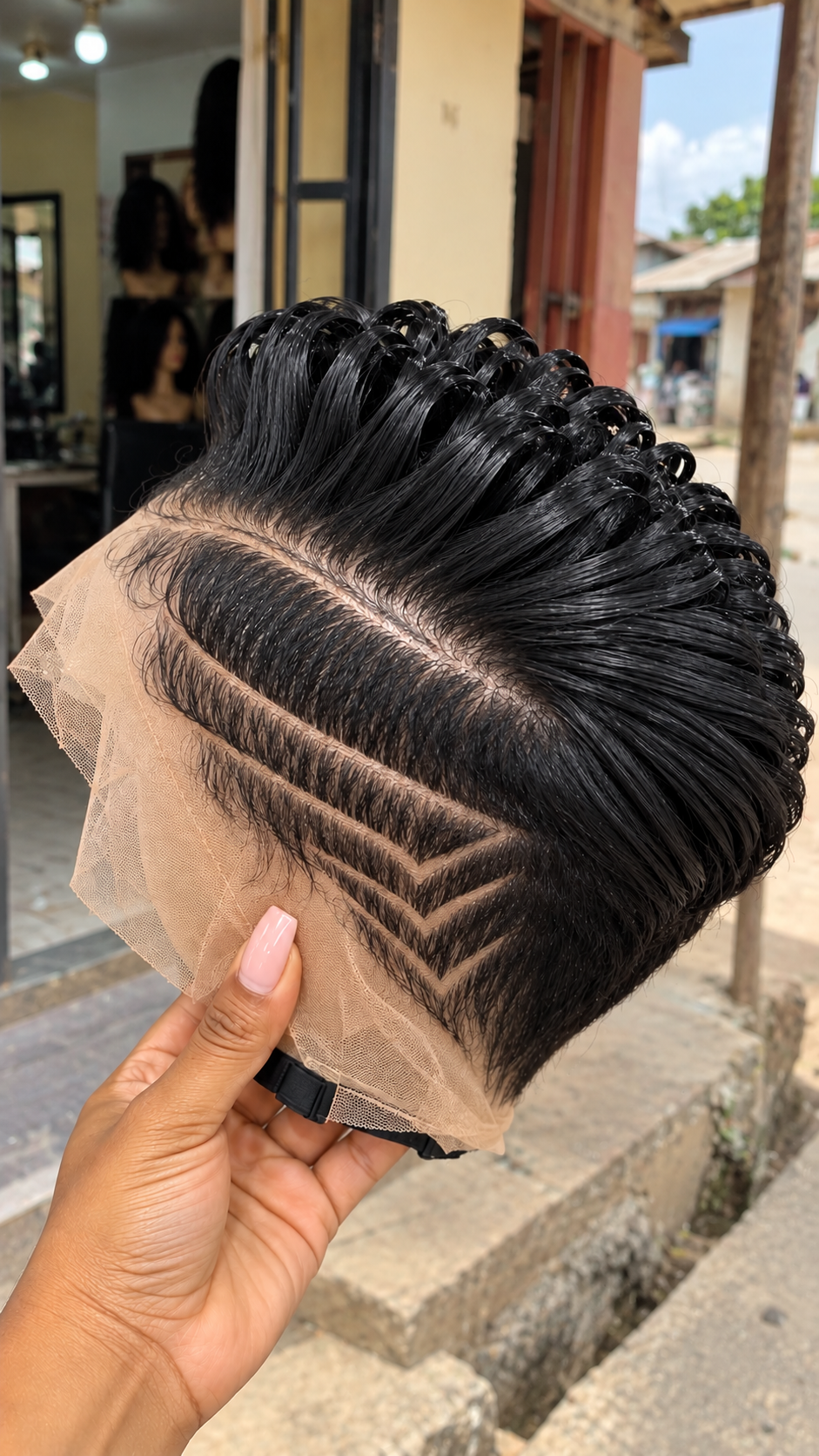 Jet Black Ribbon Quiff Wig with Layered Chevron Temple Lines and an Extended Lace Front #the