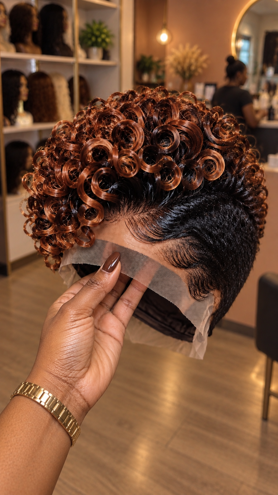 Copper Auburn Spiral Ringlets Over a Raven Black Finger-Wave Temple Wig #aft