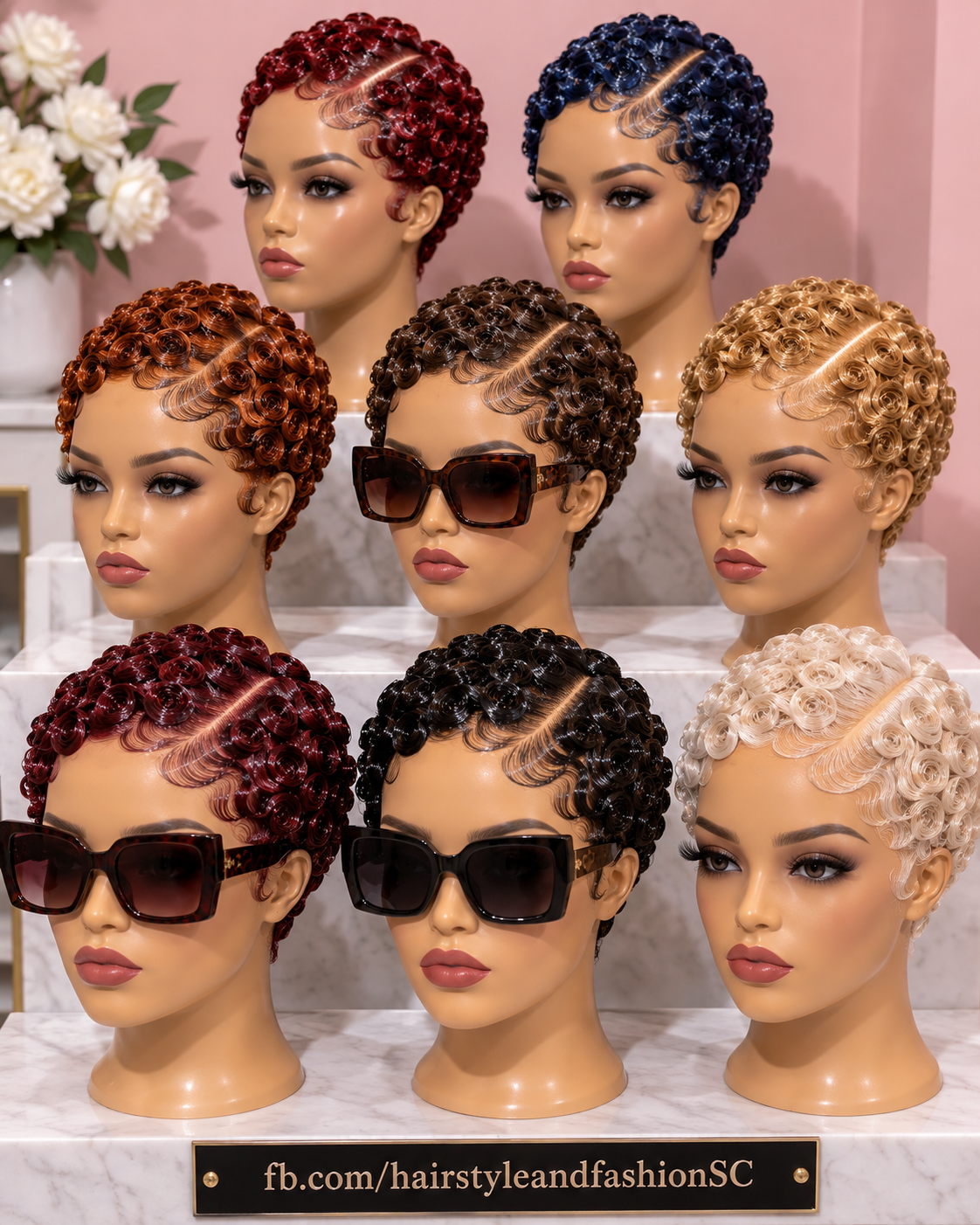 Nine Jewel-Toned Pin Curl Pixie Wigs With Diagonal Partings and Sculpted Hairlines #fa
