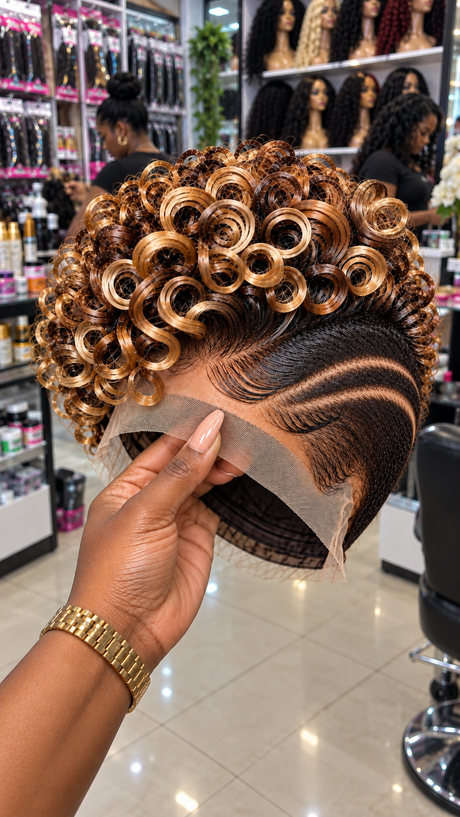 Champagne Honey Ringlet Crown Wig With Espresso Finger Waves and Twin Curved Temple Channels #apd