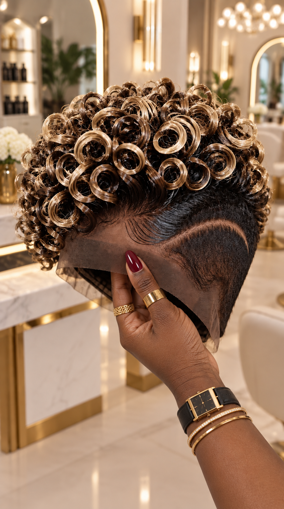 Champagne Blonde Spiral Ringlets Over Espresso Roots With a Sweeping Temple Part #aft Champagne Blonde Spiral Ringlets Over Espresso Roots With a Sweeping Temple Part #aft