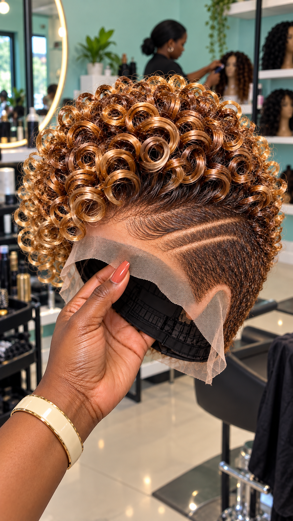 Golden Amber Ringlet Pixie Wig With a Curved Temple Part and Dark Root Contrast #eft