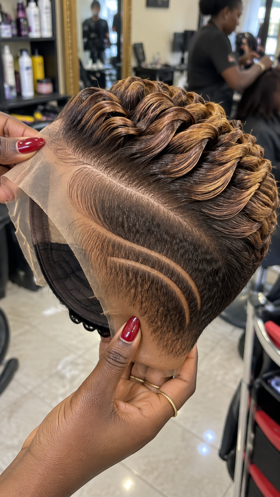 Espresso Caramel Ribbon Wave Wig With Curved Side Lines #br Espresso Caramel Ribbon Wave Wig With Curved Side Lines #br