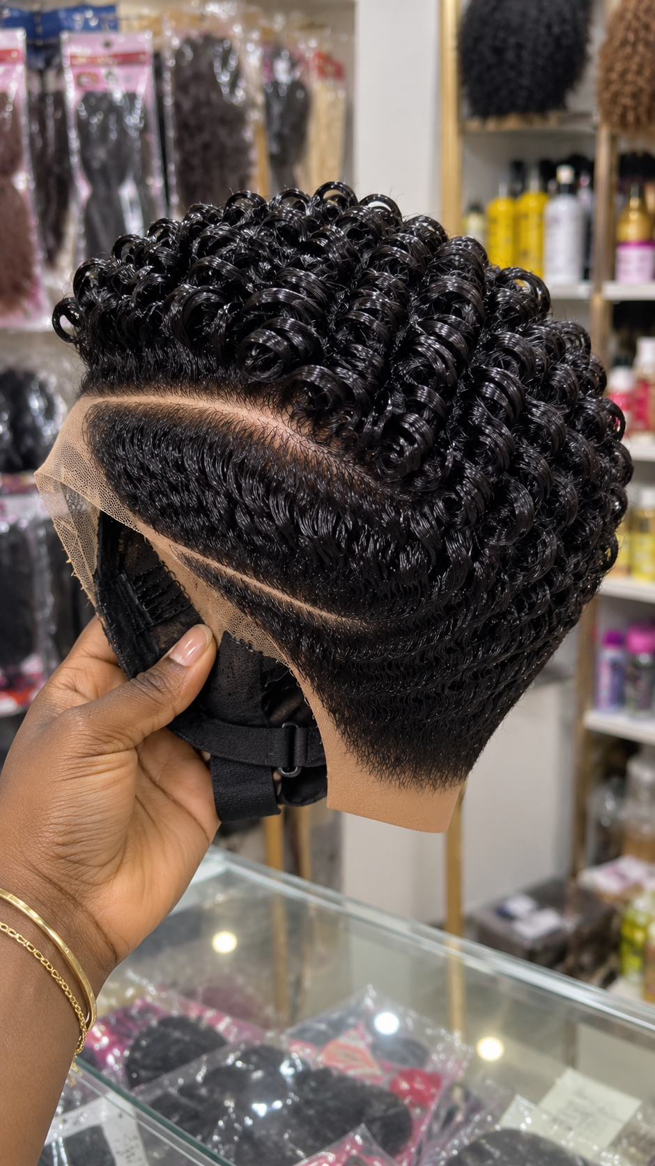 Jet Black Spiral-Coil Wig With Layered Wave Bands and a Tapered Side Profile #WigBusiness