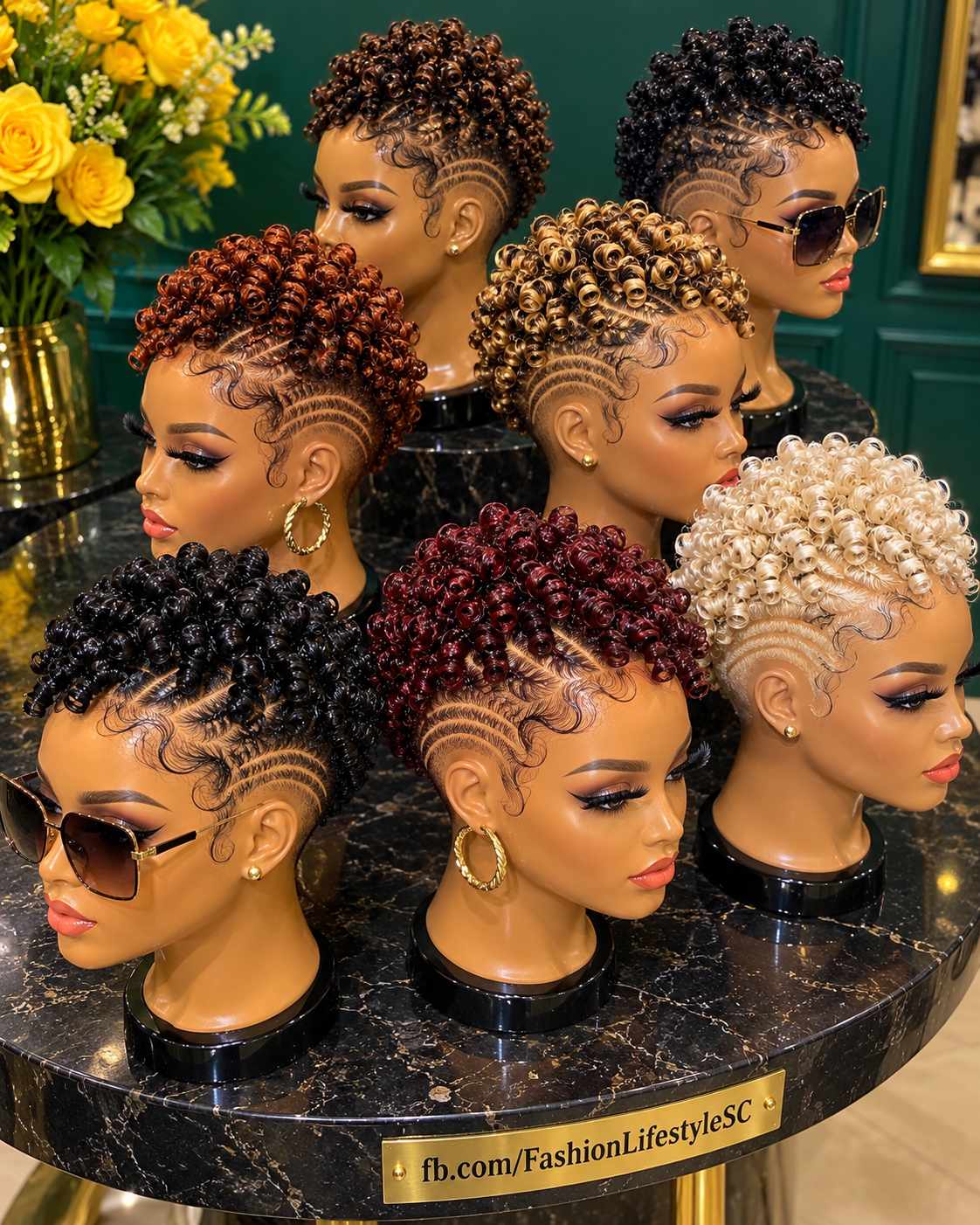 Seven Sculpted Coil Pixie Wigs in Copper, Burgundy, Blonde and Black With Arched Temple Designs #fl