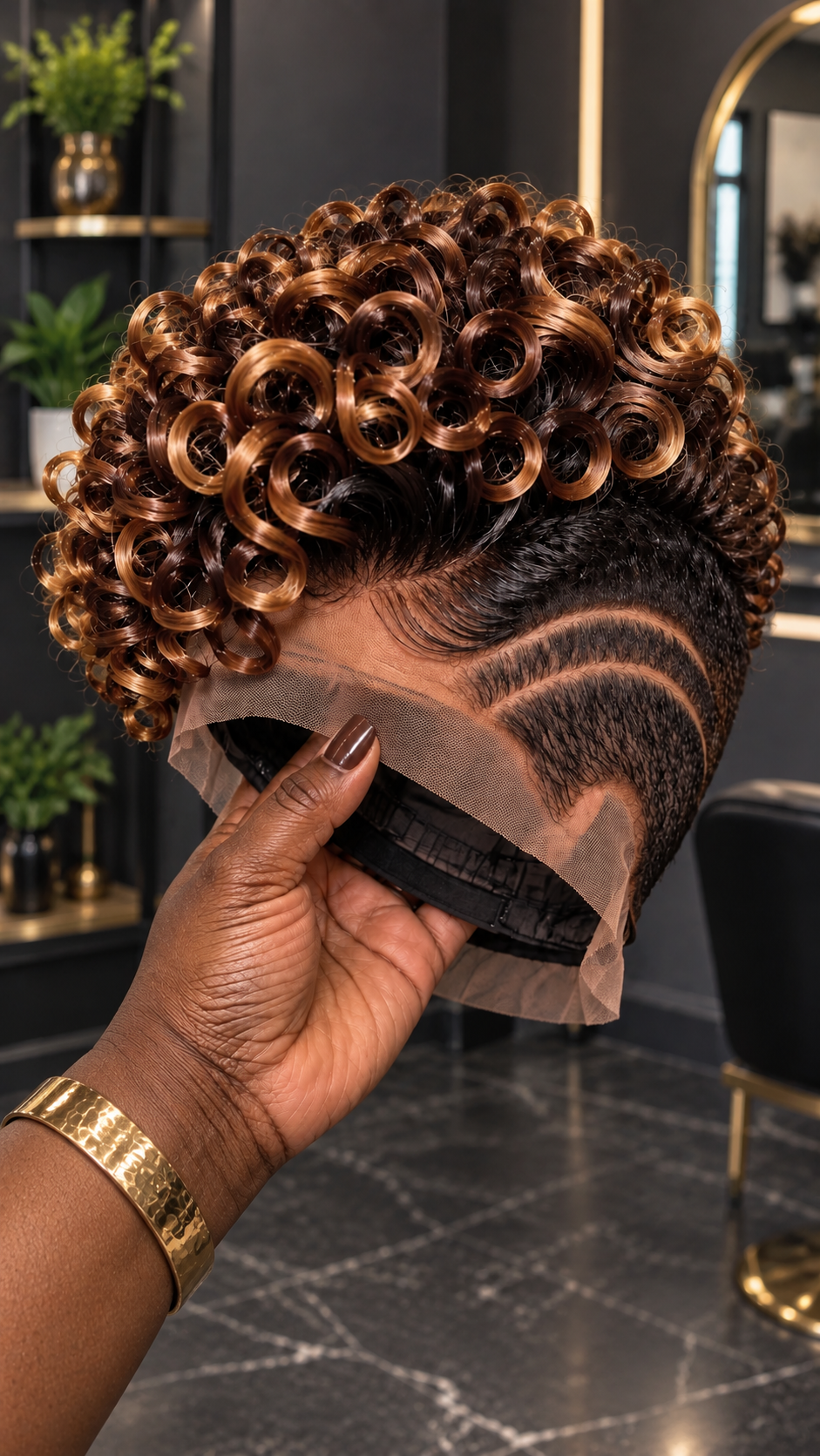 Burnished Copper Ringlet Pixie With Espresso Side Waves and Double Crescent Carving #aft