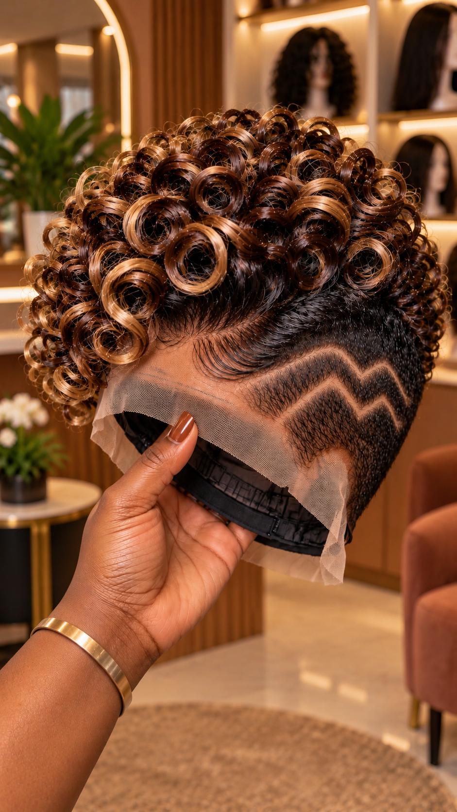 Caramel Copper Spiral Ring Wig With Zigzag Temple Carving and Dark Espresso Base #eft Caramel Copper Spiral Ring Wig With Zigzag Temple Carving and Dark Espresso Base #eft