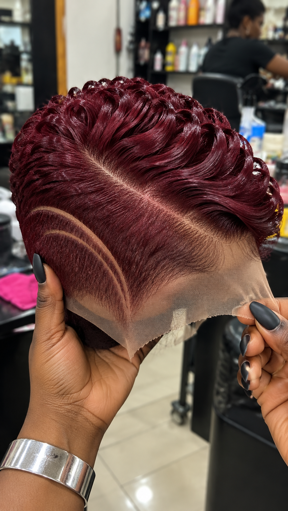 Burgundy Pixie with Sweeping Ribbon Curls #br