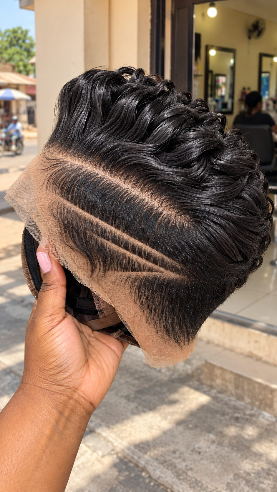 Jet Black Swept Ribbon Wave Wig With Twin Diagonal Partings and Graduated Temple Hair #the Jet Black Swept Ribbon Wave Wig With Twin Diagonal Partings and Graduated Temple Hair #the